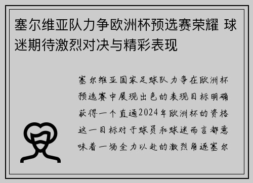 塞尔维亚队力争欧洲杯预选赛荣耀 球迷期待激烈对决与精彩表现