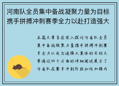 河南队全员集中备战凝聚力量为目标携手拼搏冲刺赛季全力以赴打造强大集体