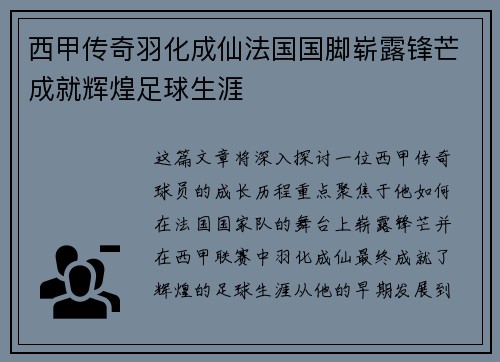西甲传奇羽化成仙法国国脚崭露锋芒成就辉煌足球生涯