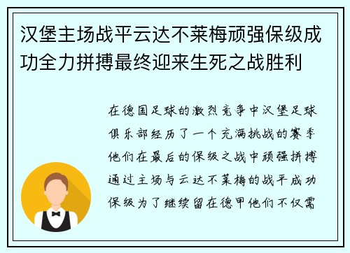 汉堡主场战平云达不莱梅顽强保级成功全力拼搏最终迎来生死之战胜利